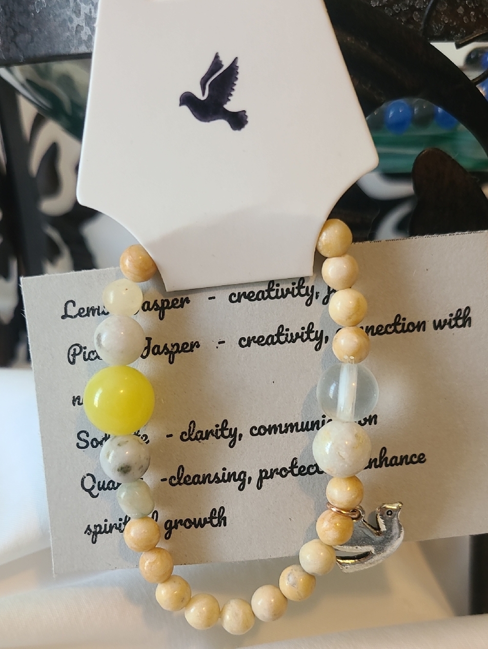 Grey Dove Creations Handmade Stretch Natural Stone Bracelet With Dove Charm